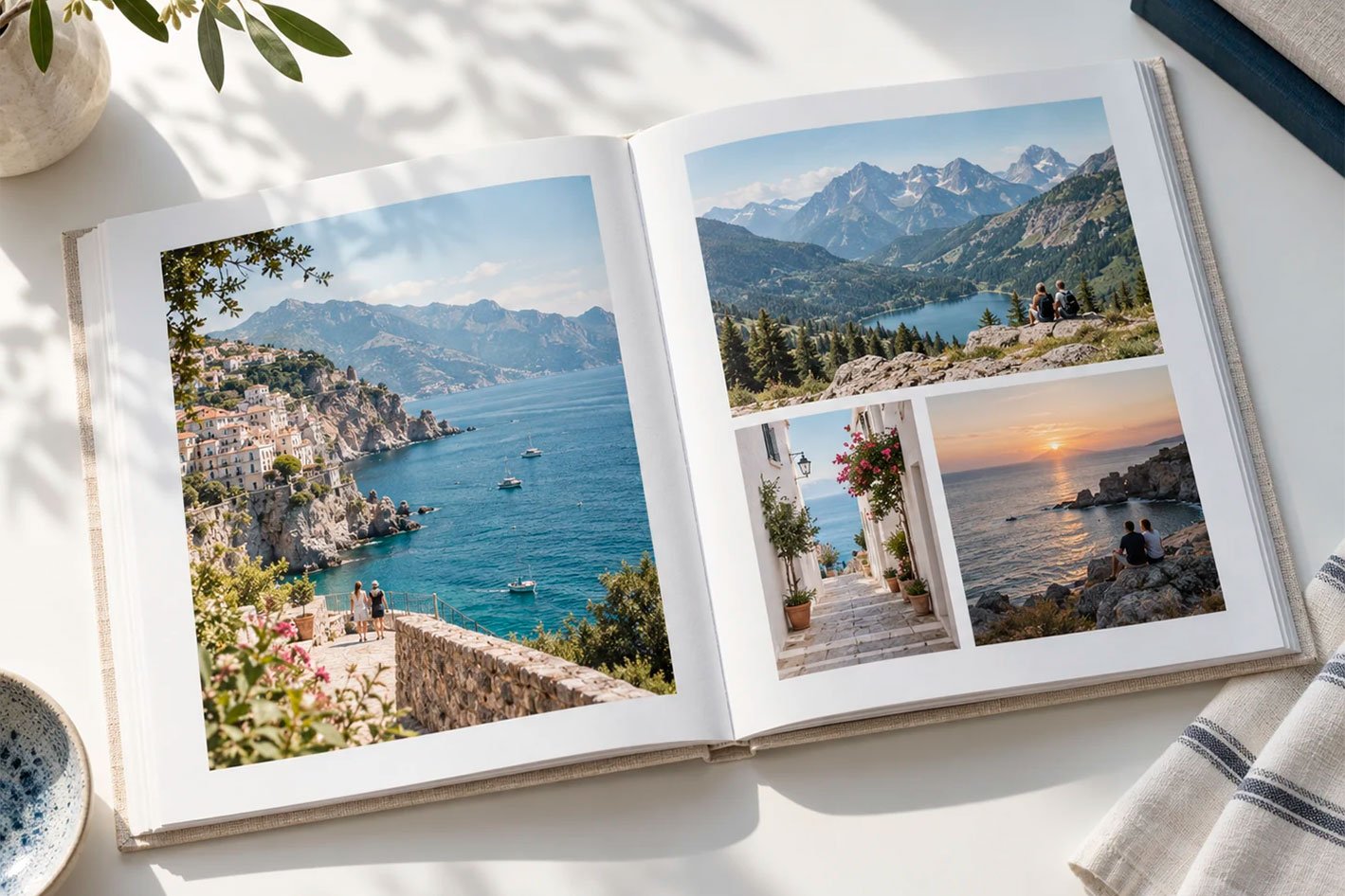 An open photo book with family travel memories