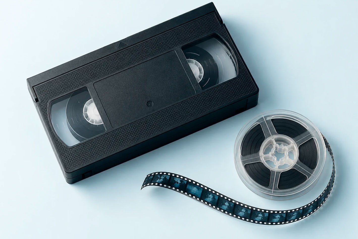 Illustrative still life of a VHS cassette and a film reel